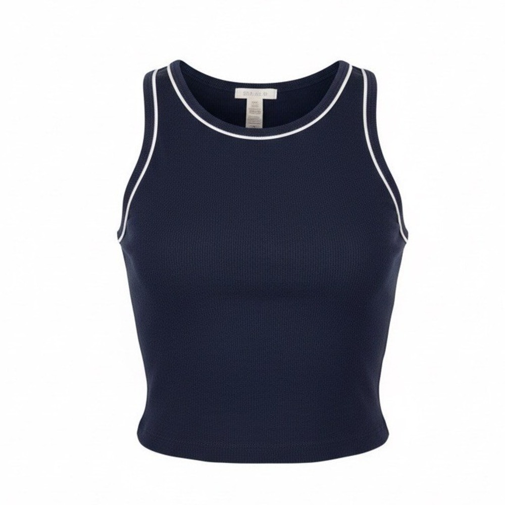 Bozzolo Womens Navy Blue Ribbed Crop Tank Top White Contrast Trim, Size S, NWOT